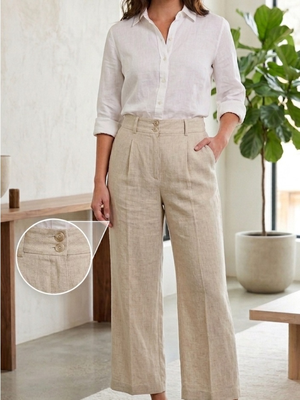 Vintage Harve Benard 100% Linen Wide Leg Pants Beige Tan Crop Trousers Size 8